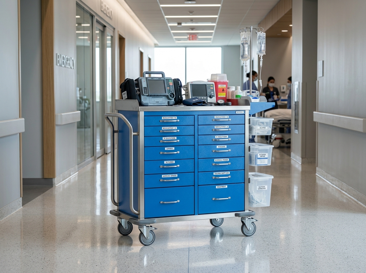 SRE Devices Medical Crash Cart Trolley in modern hospital corridor