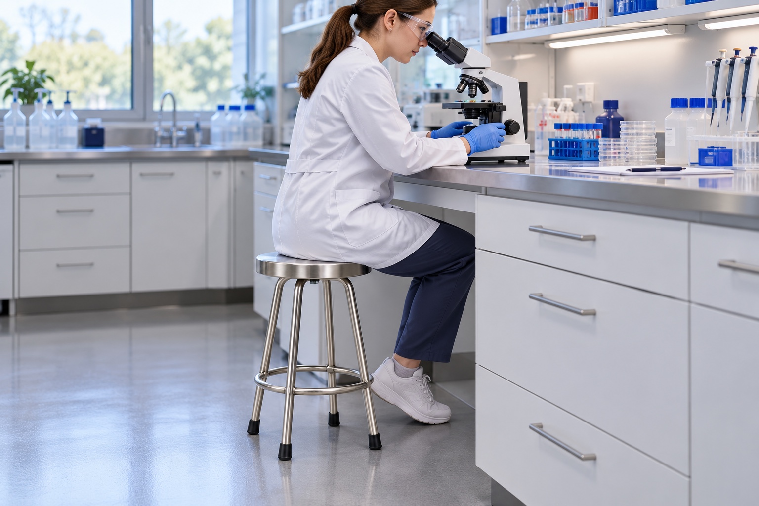 SRE007 Round Stool at a clinical laboratory workbench