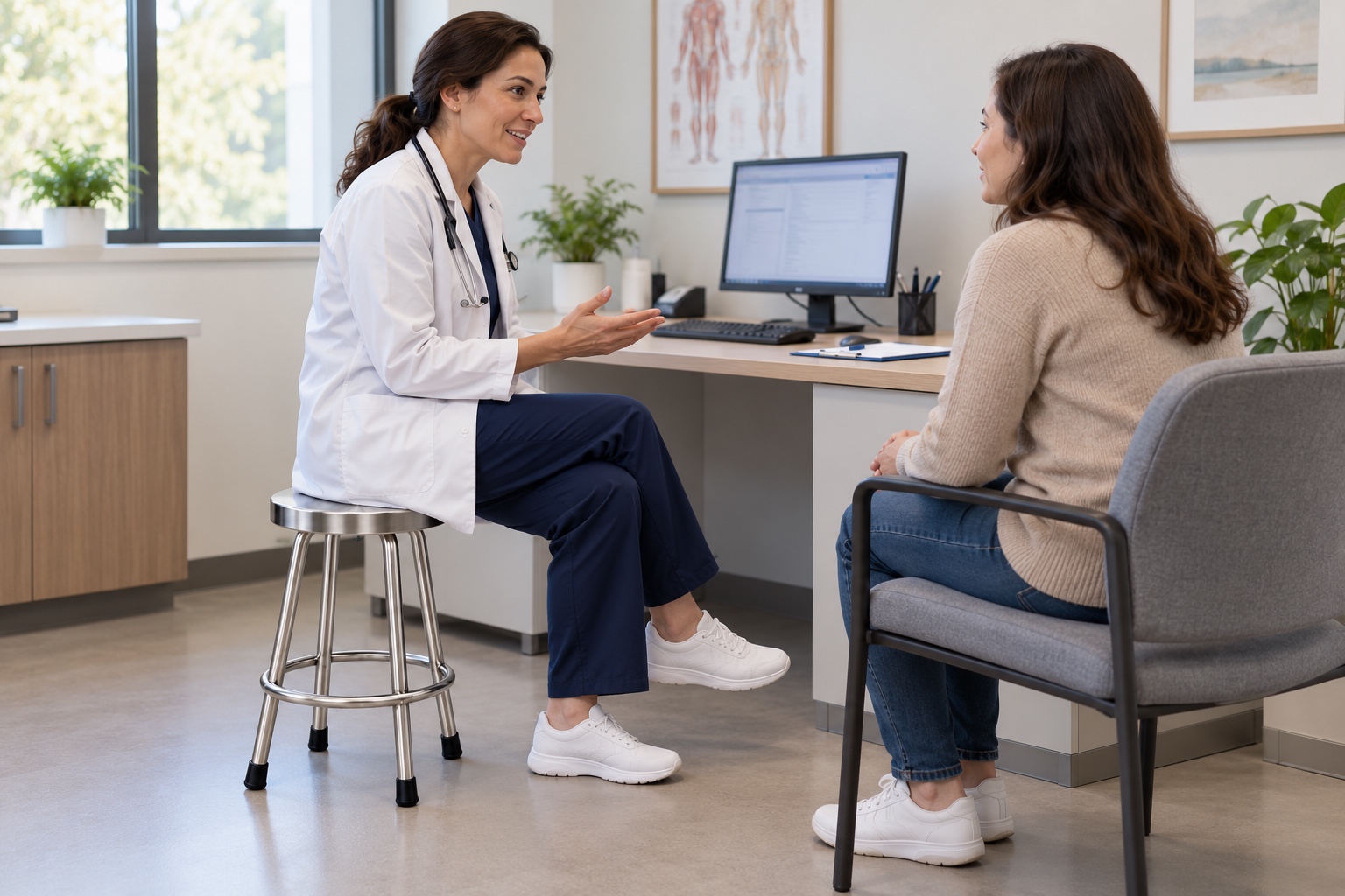 SRE007 Round Stool used as clinician seating in a consultation room