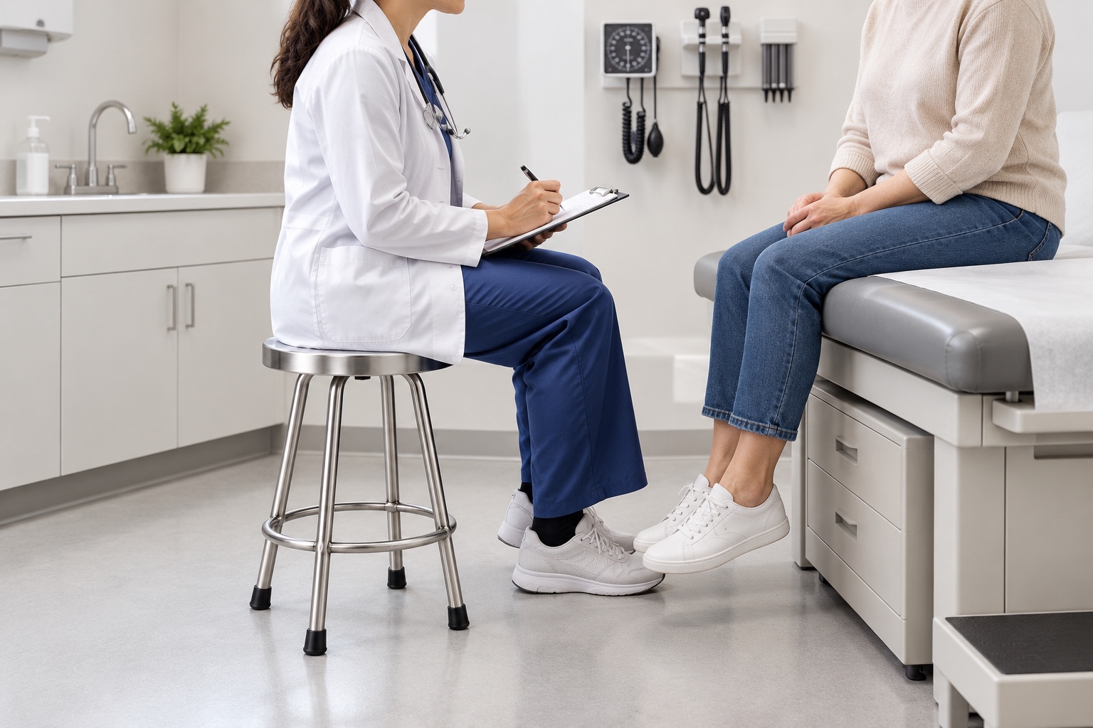 SRE007 Round Stool beside an examination couch during a clinician visit